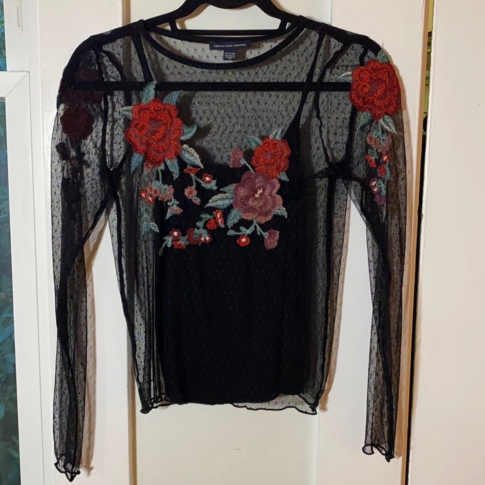 Mesh Top with Floral Embroidery
